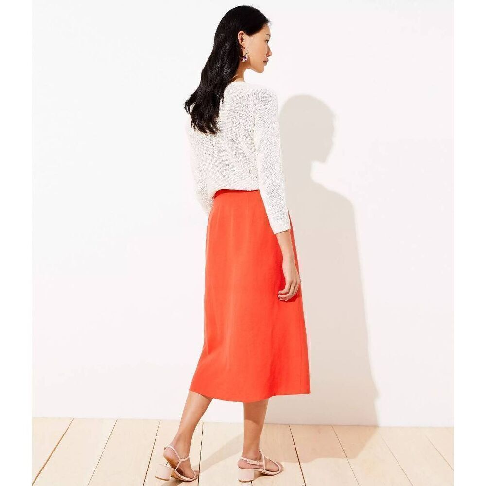 Loft Side Button Midi Skirt In Orange Linen Blend Nwt Women's Size 6 - Picture 7 of 7